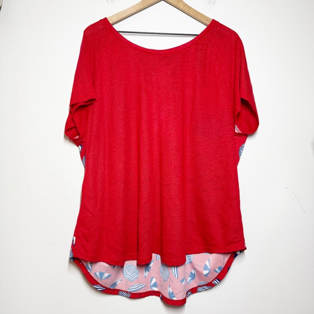 Talbots red linen A line top with umbrella print on back 2X